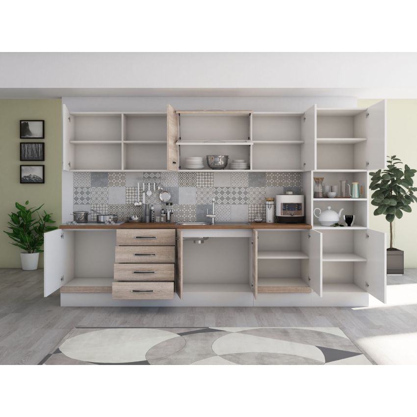 Bucatarie Alfa 320, sonoma/alb, blat termic nuc, corp pentru cuptor incorporabil