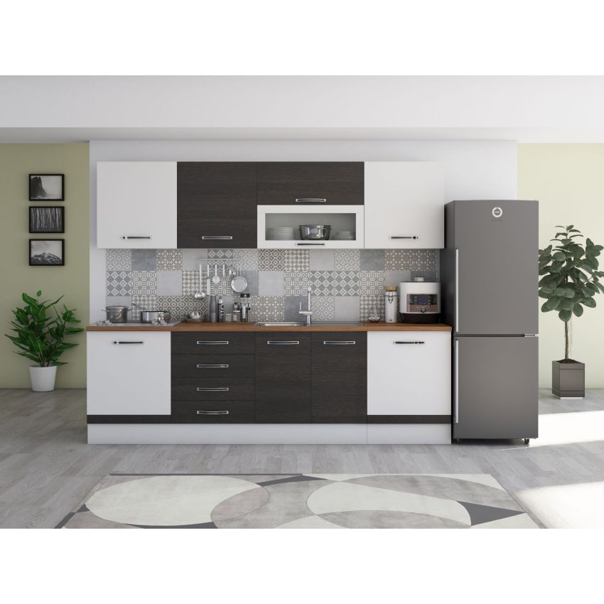 Bucatarie Alfa 260, Cu vitrina, Alb/Sonoma, Blat termic nuc