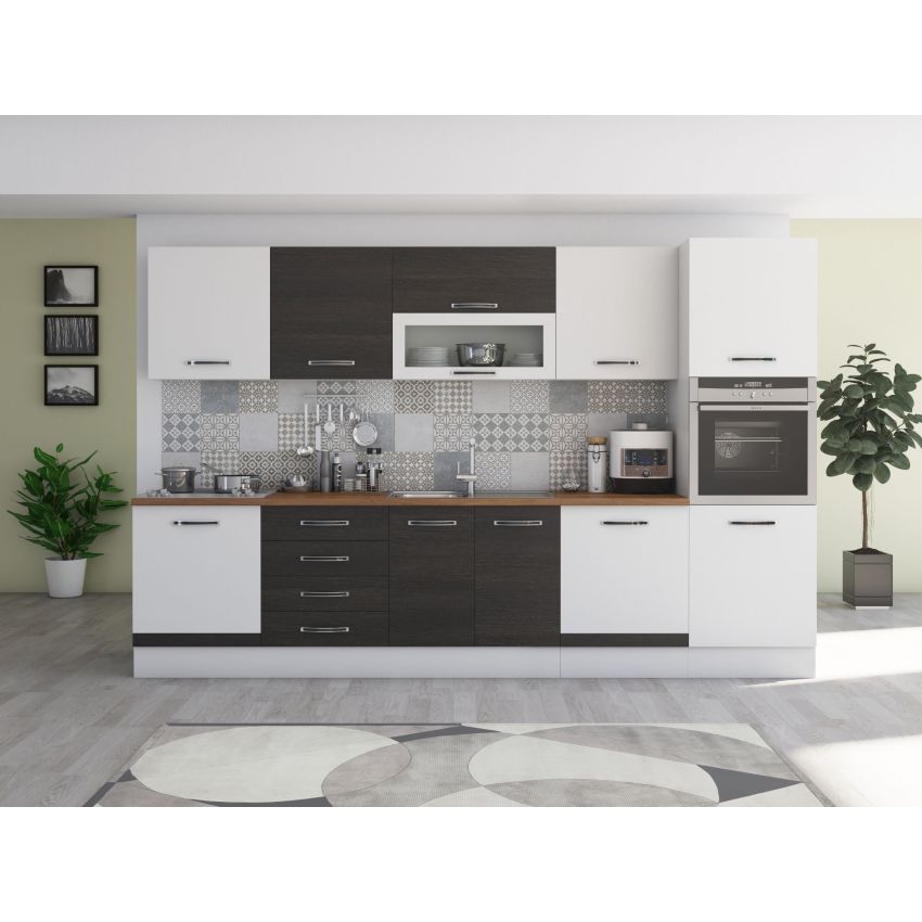 Bucatarie Alfa 320, wenge/alb, blat termic nuc, corp pentru cuptor incorporabil