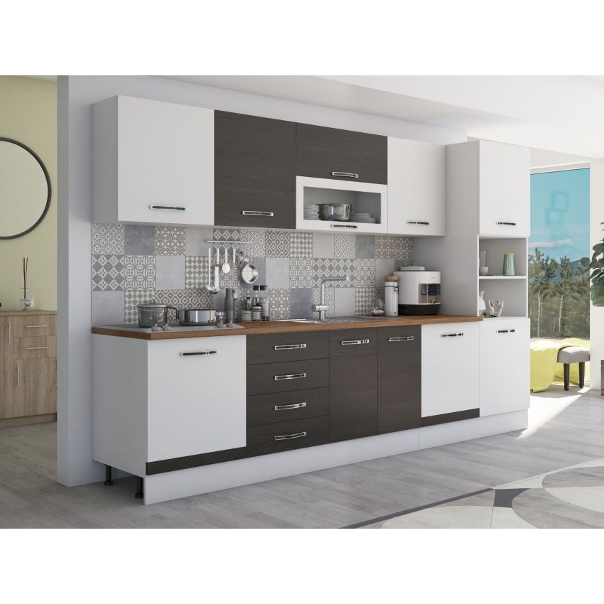 Bucatarie Alfa 320, wenge/alb, blat termic nuc, corp pentru cuptor incorporabil