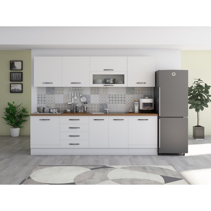 Bucatarie Alfa 260, Cu vitrina, Alb/Sonoma, Blat termic nuc