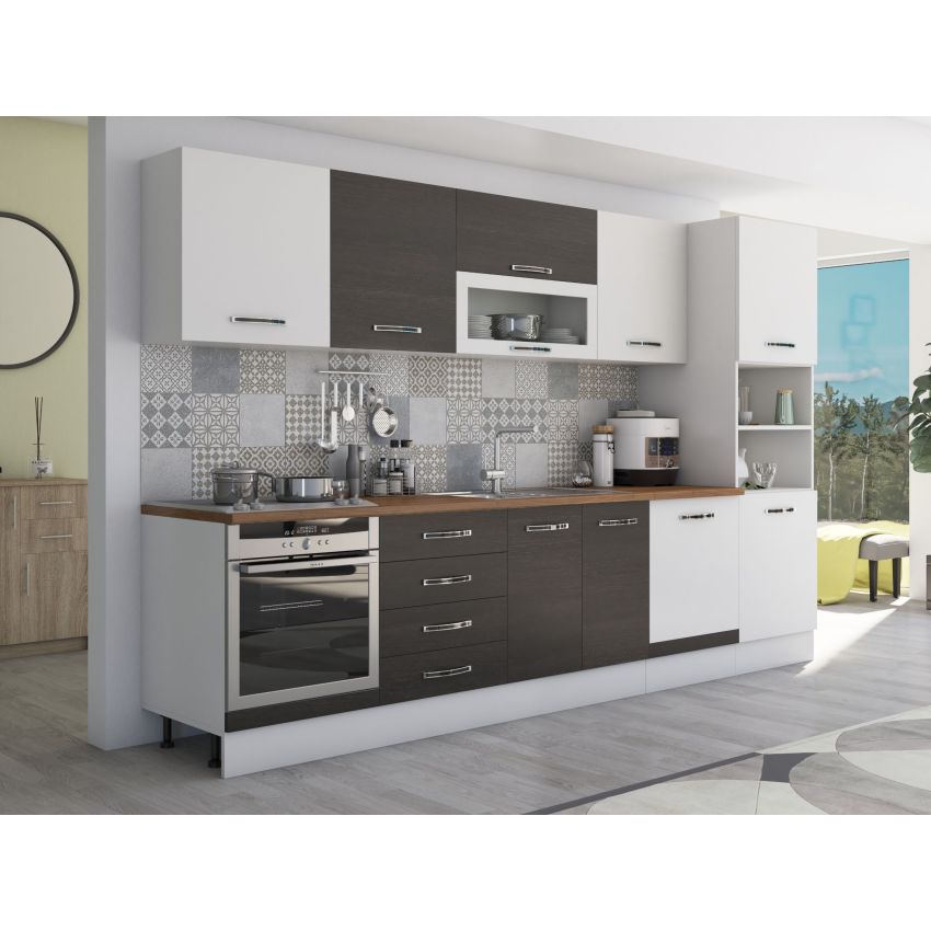 Bucatarie Alfa 320, wenge/alb, blat termic nuc, corp pentru cuptor incorporabil