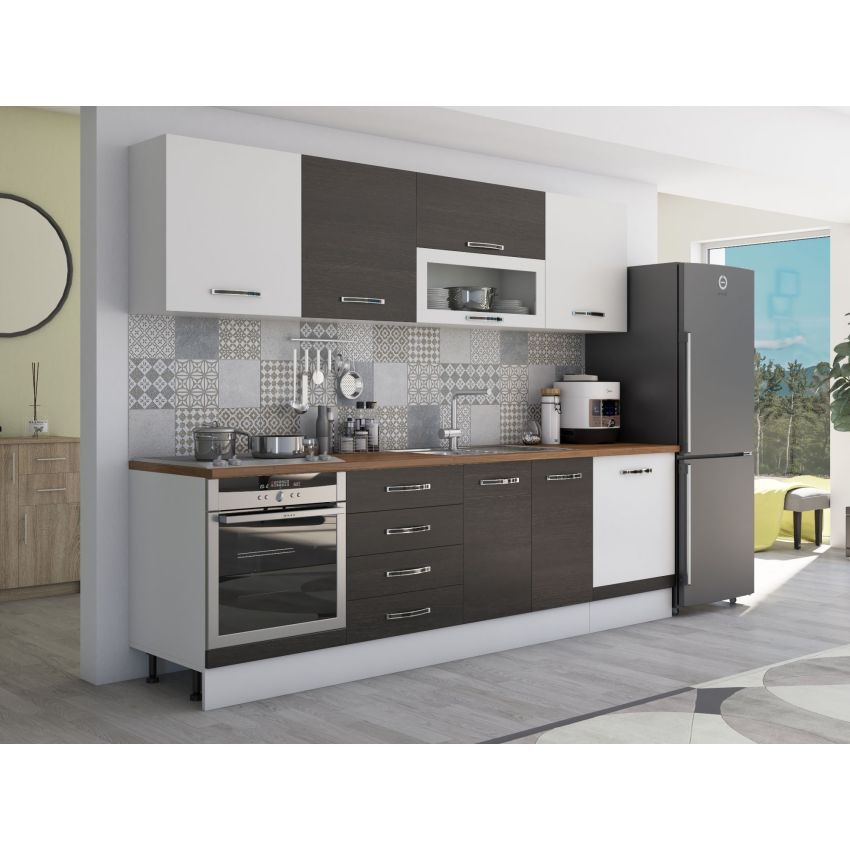 Bucatarie Alfa 260, Cu vitrina, Wenge/Alb, Blat termic nuc