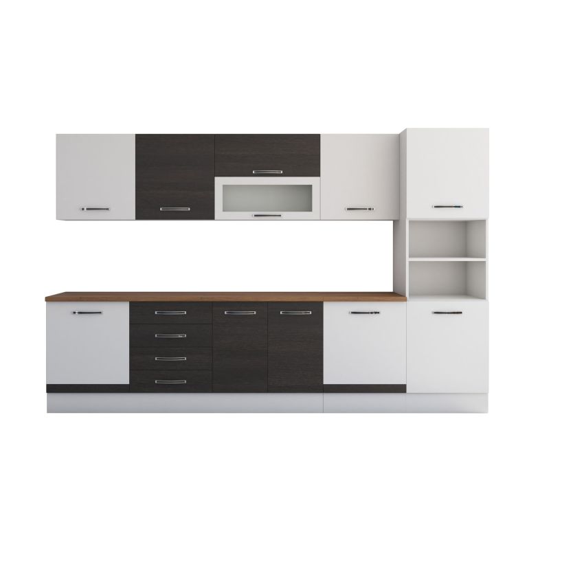 Bucatarie Alfa 320, wenge/alb, blat termic nuc, corp pentru cuptor incorporabil