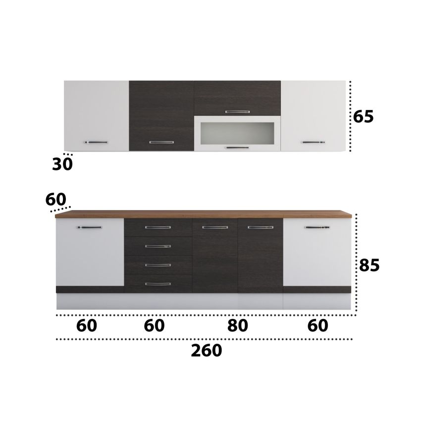Bucatarie Alfa 260, Cu vitrina, Wenge/Alb, Blat termic nuc