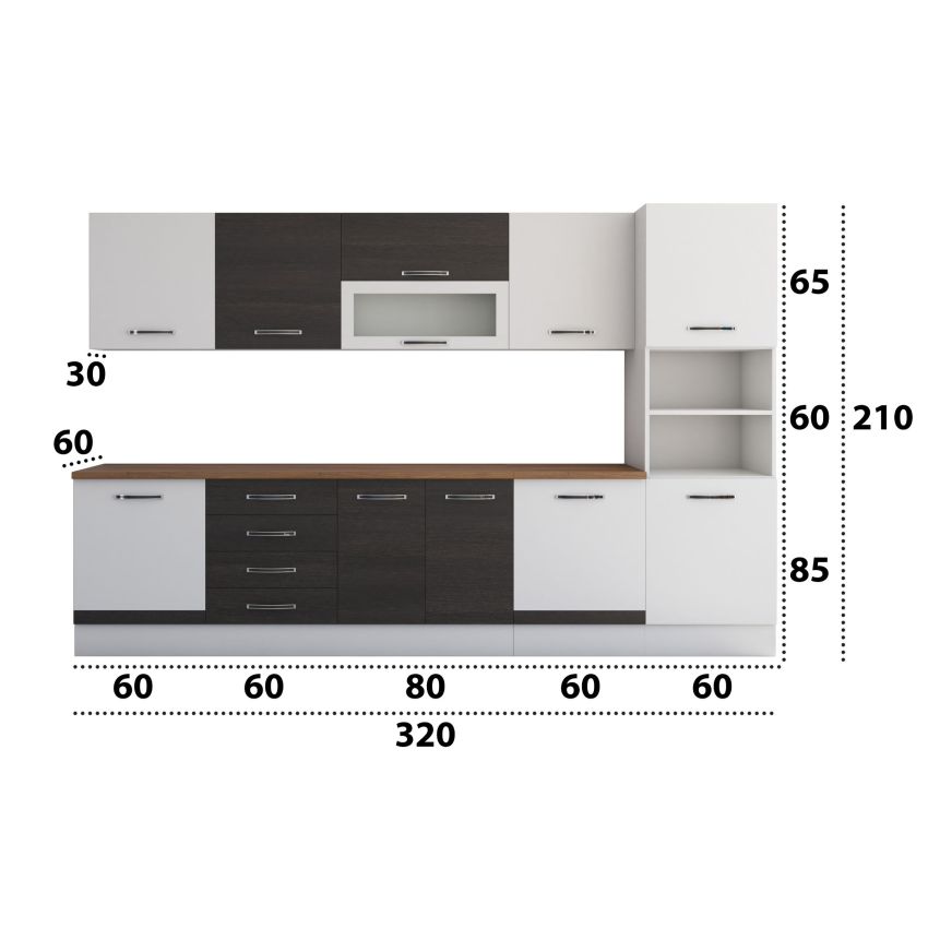 Bucatarie Alfa 320, wenge/alb, blat termic nuc, corp pentru cuptor incorporabil