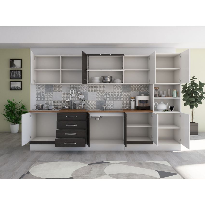 Bucatarie Alfa 320, wenge/alb, blat termic nuc, corp pentru cuptor incorporabil