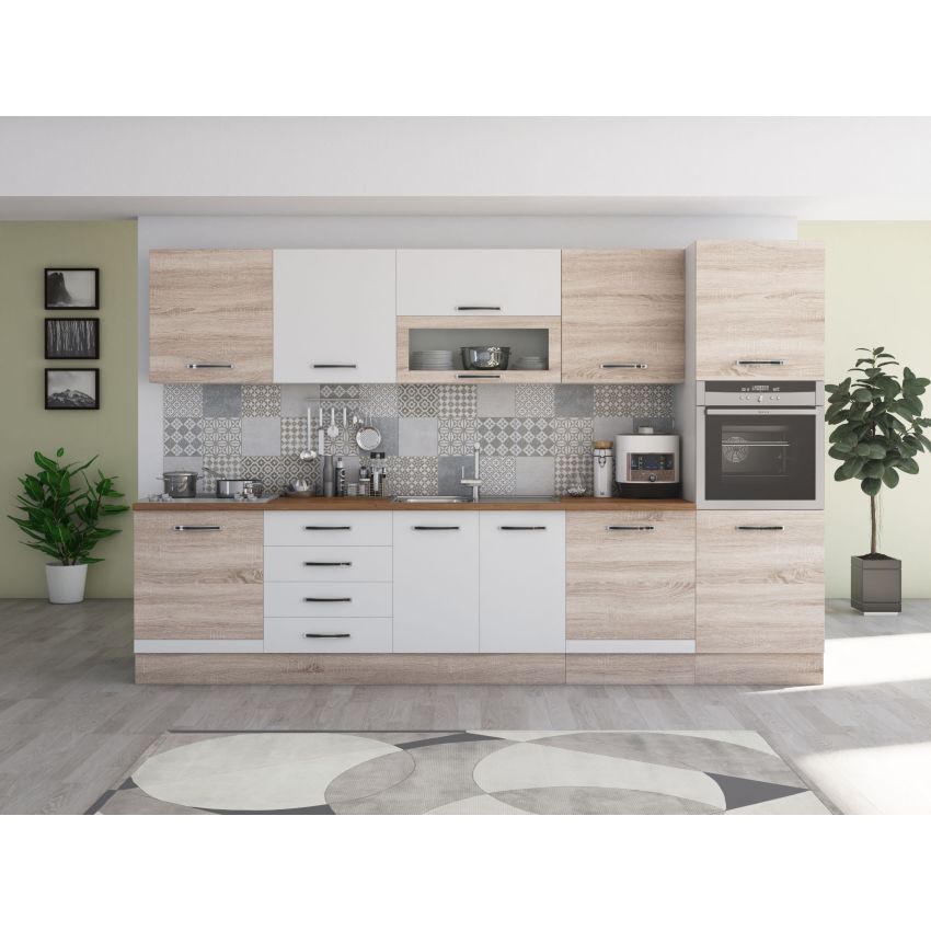 Bucatarie Alfa 320, alb/sonoma, blat termic nuc, corp pentru cuptor incorporabil