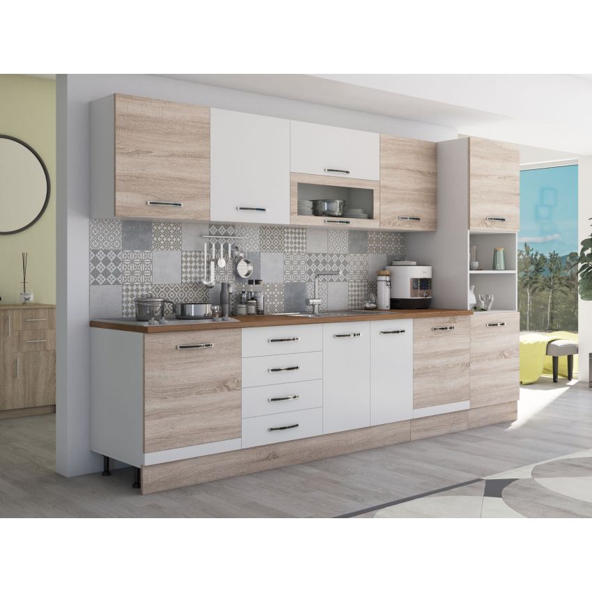 Bucatarie Alfa 320, alb/sonoma, blat termic nuc, corp pentru cuptor incorporabil