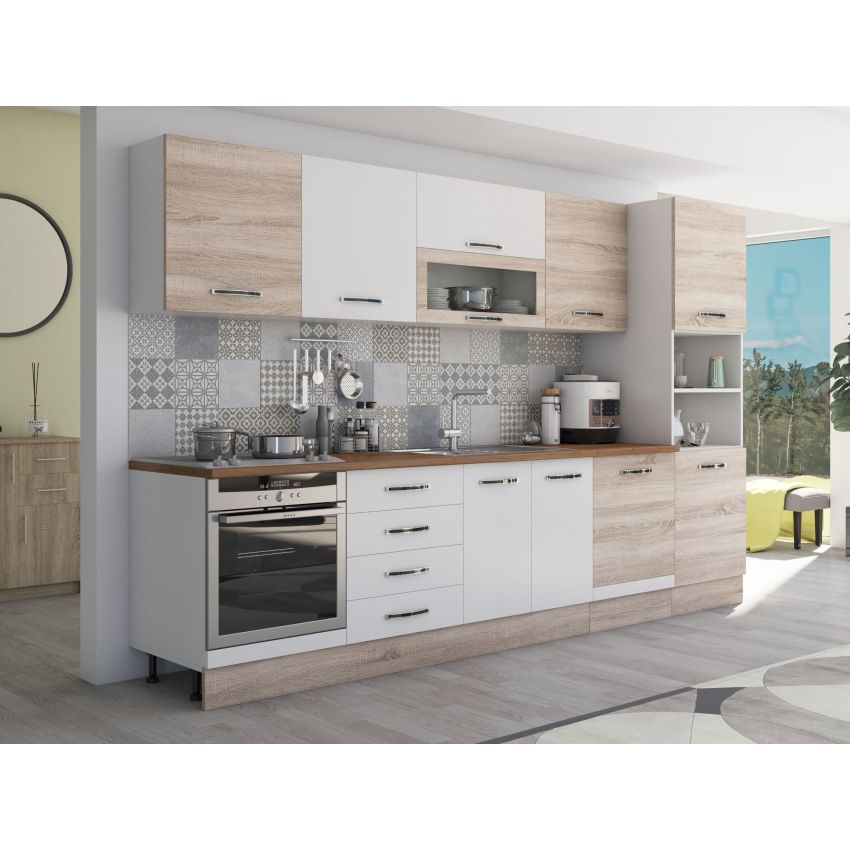 Bucatarie Alfa 320, alb/sonoma, blat termic nuc, corp pentru cuptor incorporabil
