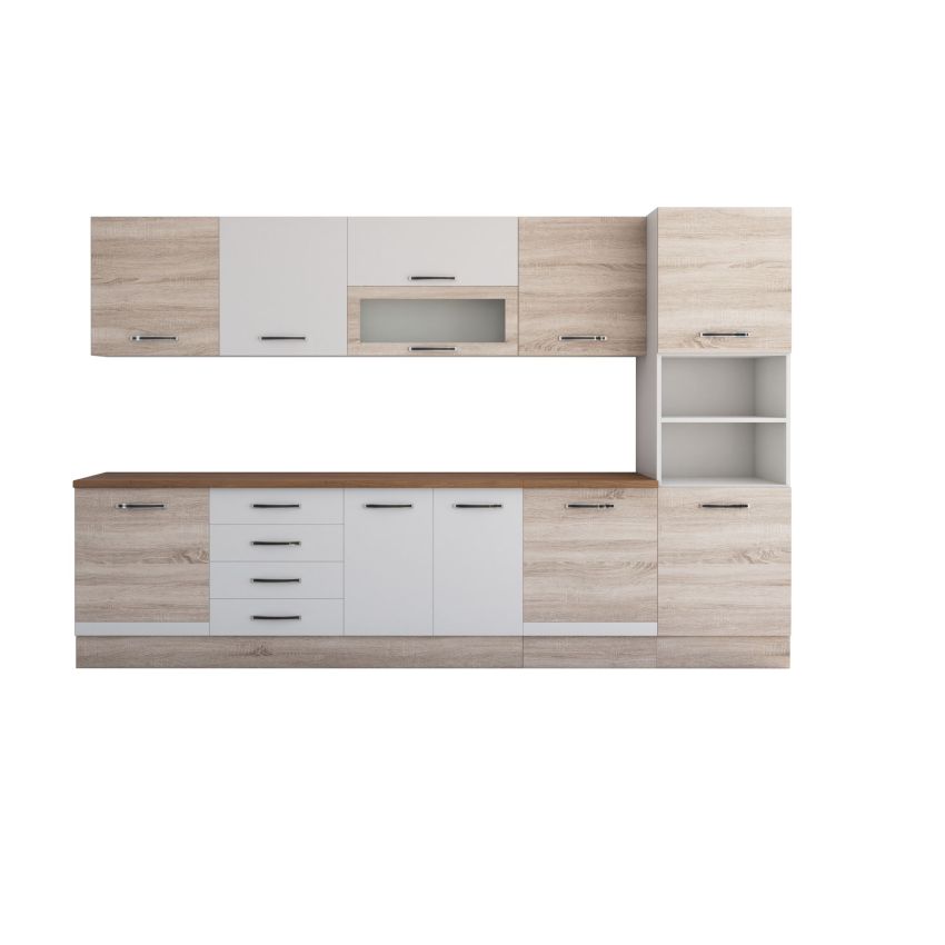 Bucatarie Alfa 320, alb/sonoma, blat termic nuc, corp pentru cuptor incorporabil