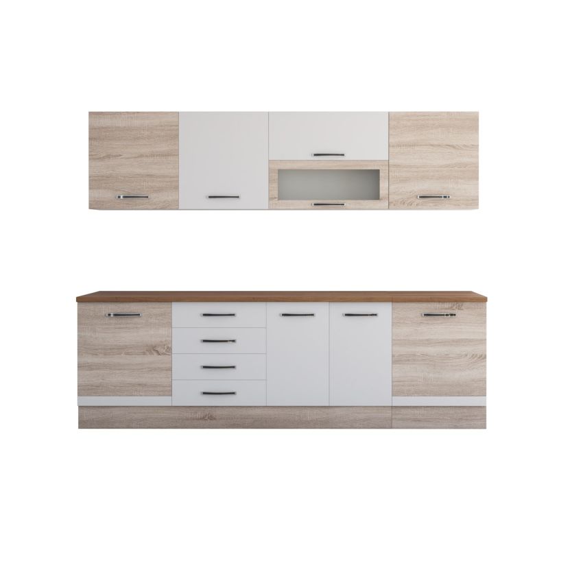 Bucatarie Alfa 260, Cu vitrina, Alb/Sonoma, Blat termic nuc