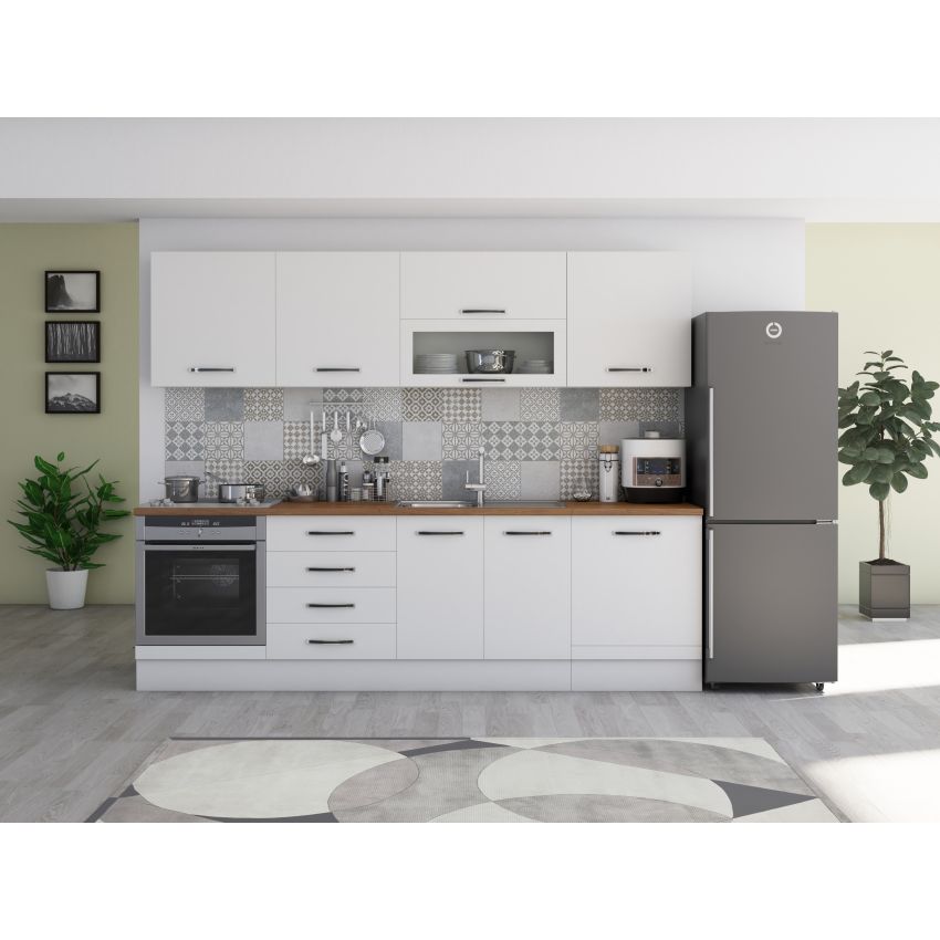 Bucatarie Alfa 260, Cu vitrina, Alb, Blat termic nuc