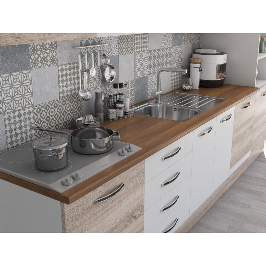 Bucatarie Alfa 320, alb/sonoma, blat termic nuc, corp pentru cuptor incorporabil