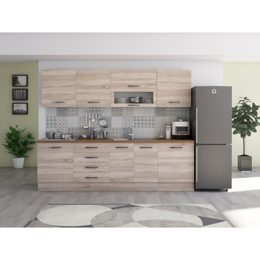 Bucatarie Alfa 260, Cu vitrina, Alb/Sonoma, Blat termic nuc