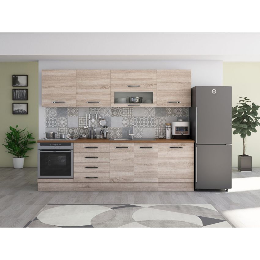 Bucatarie Alfa 260, Cu vitrina, Sonoma, Blat termic nuc