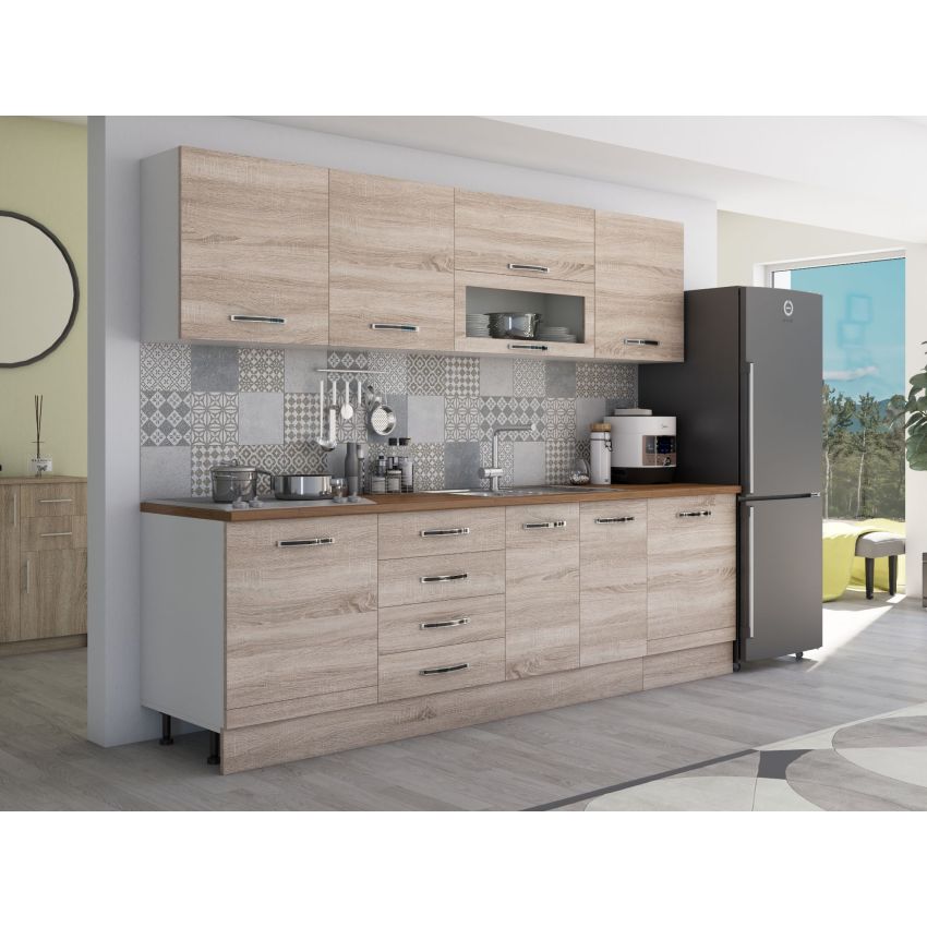 Bucatarie Alfa 260, Cu vitrina, Sonoma, Blat termic nuc
