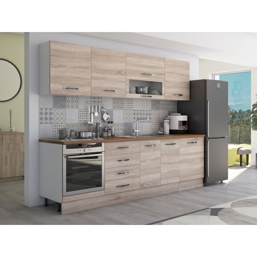 Bucatarie Alfa 260, Cu vitrina, Sonoma, Blat termic nuc