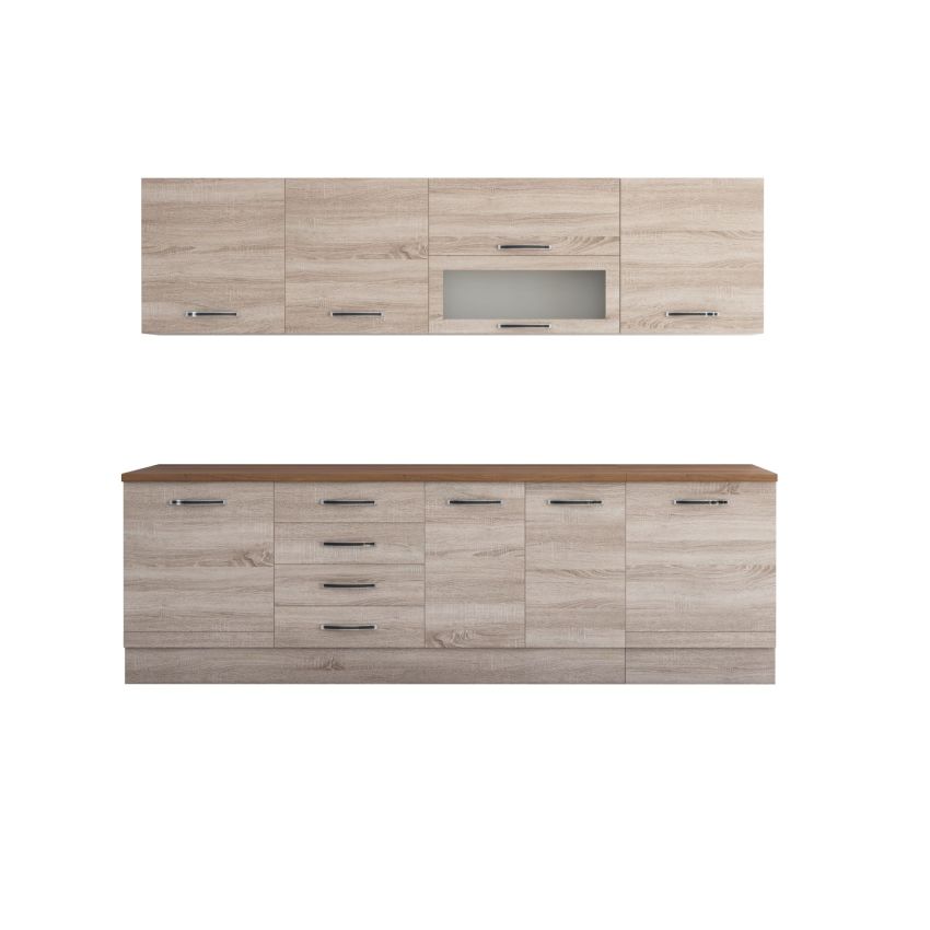 Bucatarie Alfa 260, Cu vitrina, Sonoma, Blat termic nuc