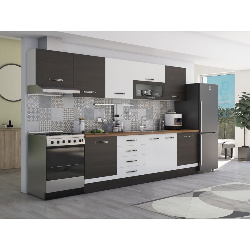 Bucatarie Alfa 320, alb/wenge, blat termic nuc, corp hota