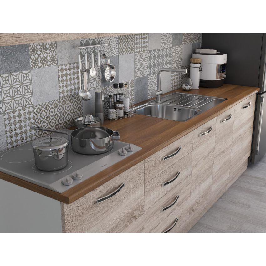 Bucatarie Alfa 260, Cu vitrina, Sonoma, Blat termic nuc