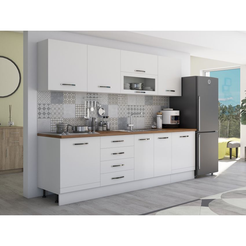 Bucatarie Alfa 260, Cu vitrina, Alb, Blat termic nuc