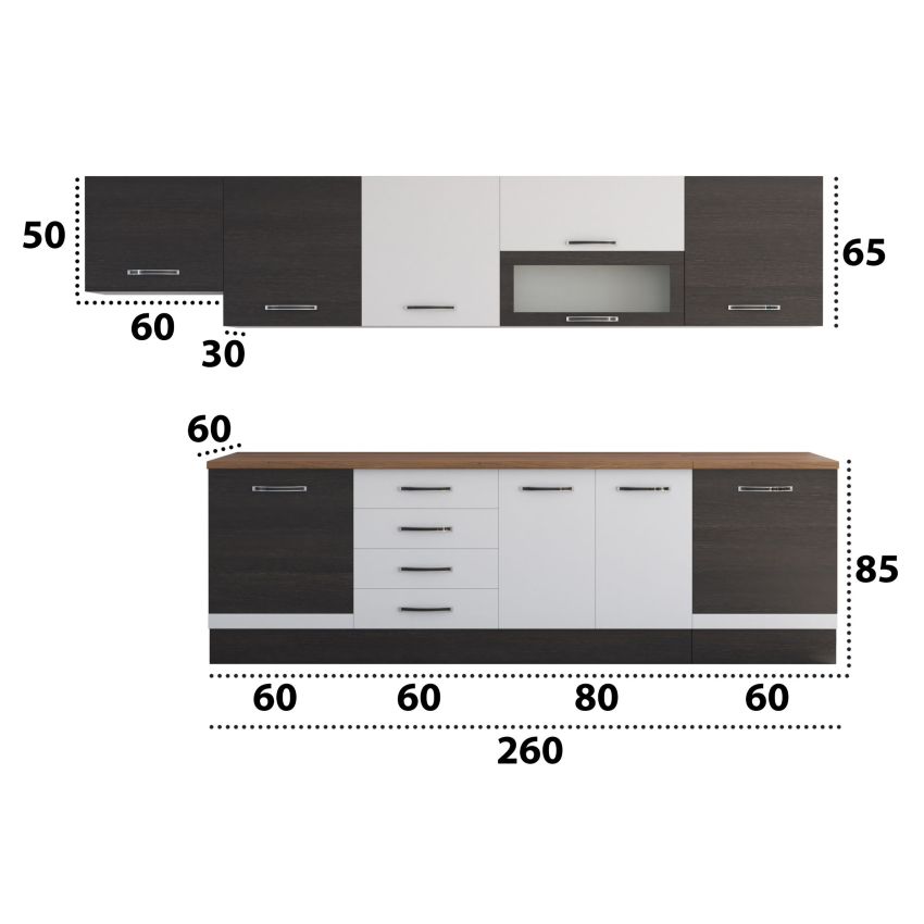 Bucatarie Alfa 320, alb/wenge, blat termic nuc, corp hota