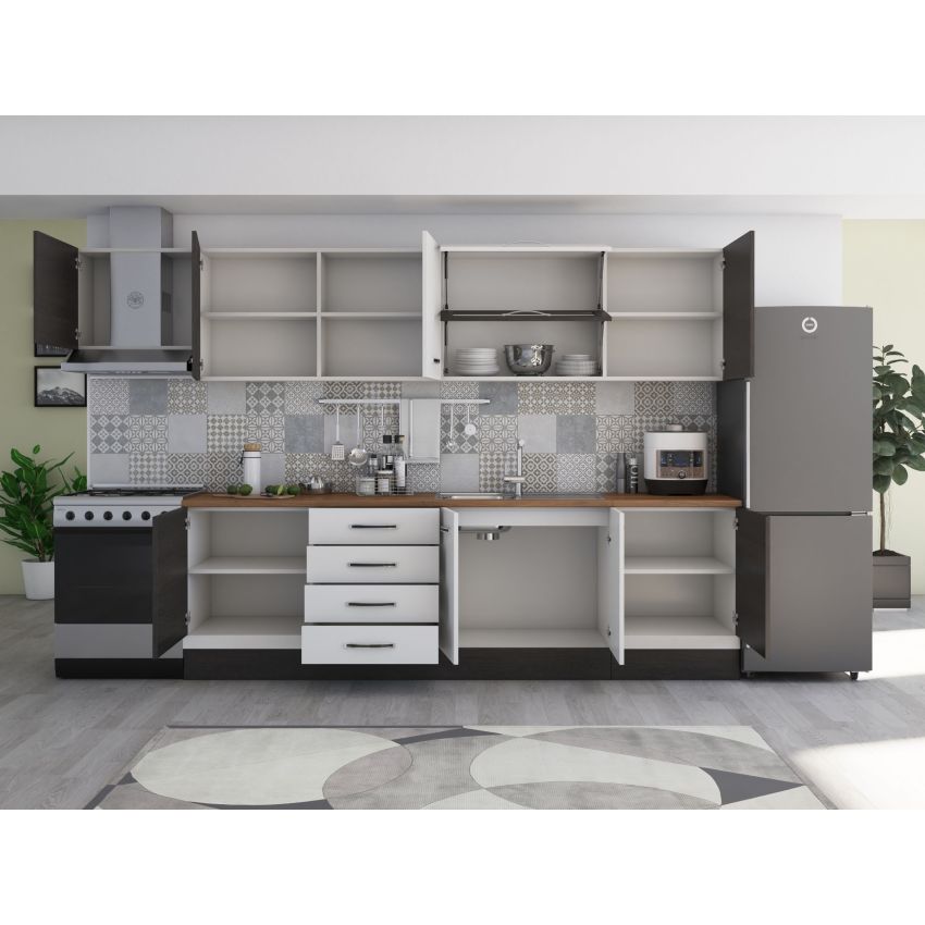 Bucatarie Alfa 320, alb/wenge, blat termic nuc, corp hota
