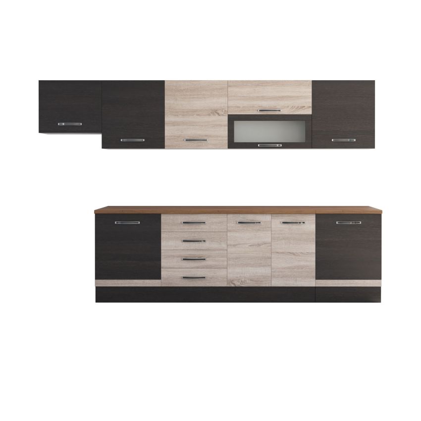 Bucatarie Alfa 320, sonoma/wenge, blat termic nuc, corp hota