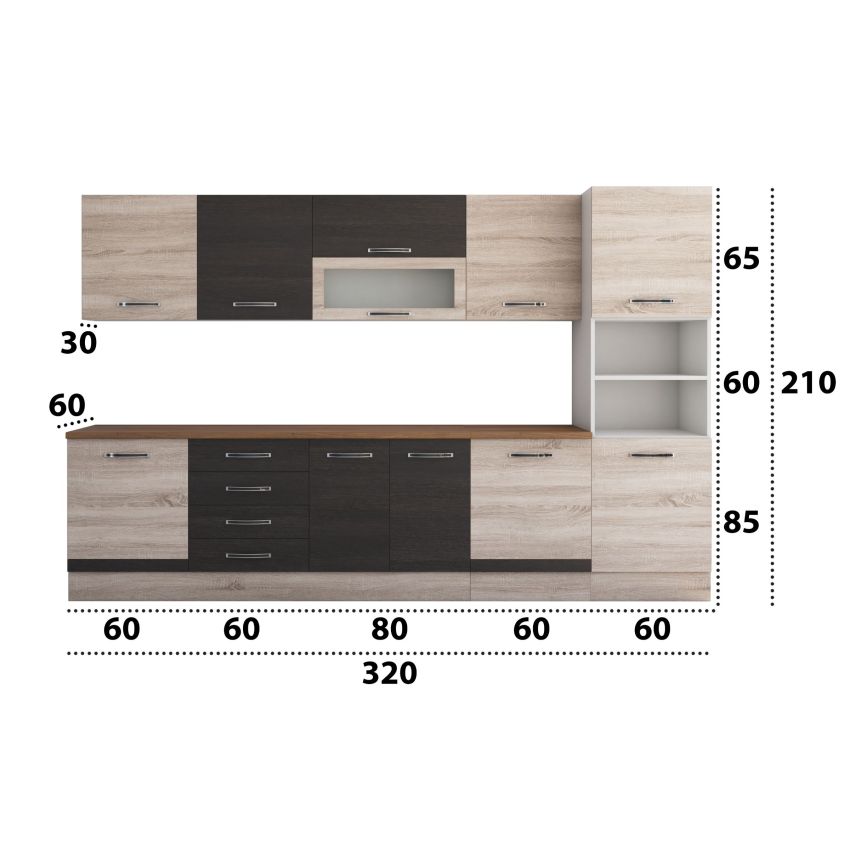 Bucatarie Alfa 320, wenge/sonoma, blat termic nuc, corp pentru cuptor incorporabil