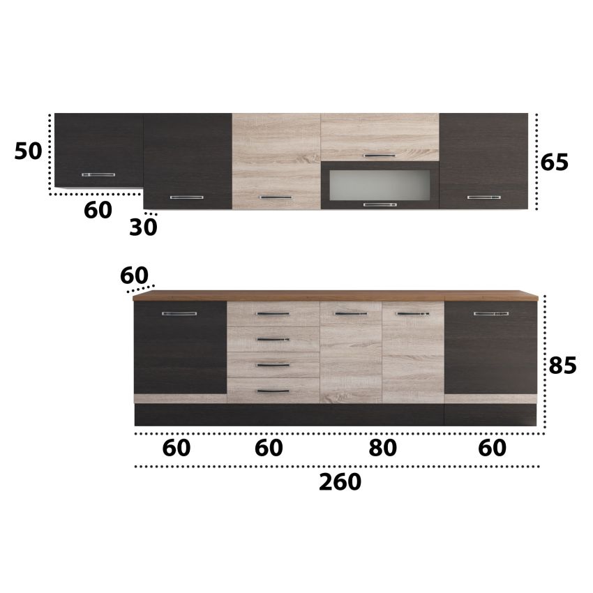 Bucatarie Alfa 320, sonoma/wenge, blat termic nuc, corp hota