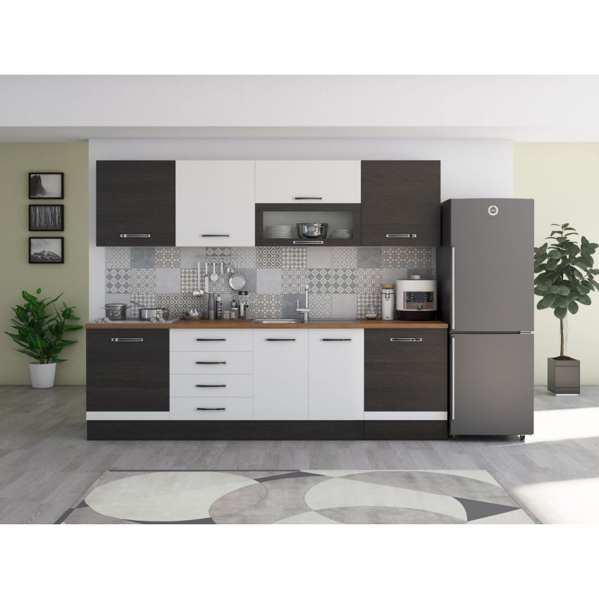 Bucatarie Alfa 260, Cu vitrina, Alb/Sonoma, Blat termic nuc