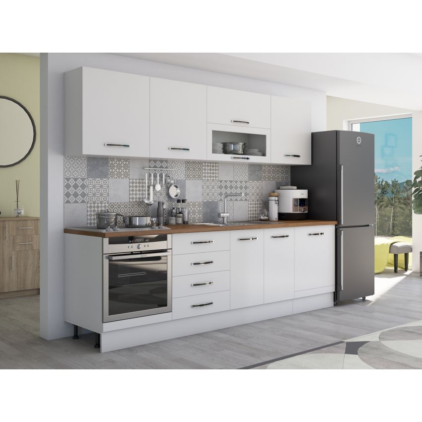 Bucatarie Alfa 260, Cu vitrina, Alb, Blat termic nuc