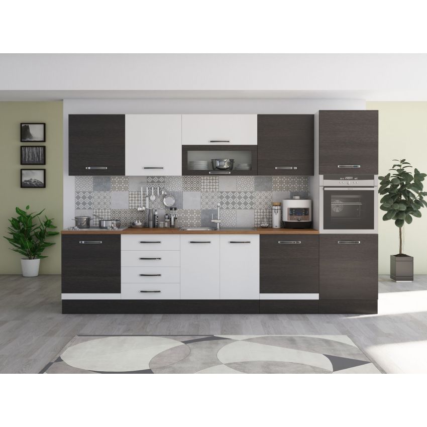 Bucatarie Alfa 320, alb/wenge, blat termic nuc, corp pentru cuptor incorporabil