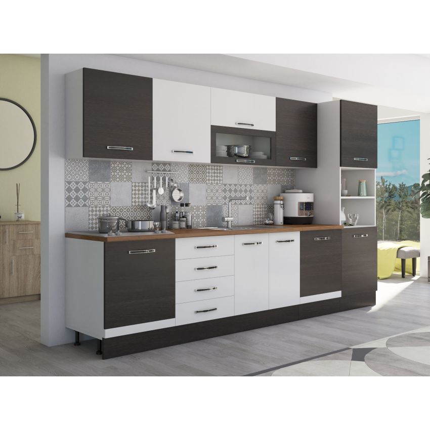 Bucatarie Alfa 320, alb/wenge, blat termic nuc, corp pentru cuptor incorporabil