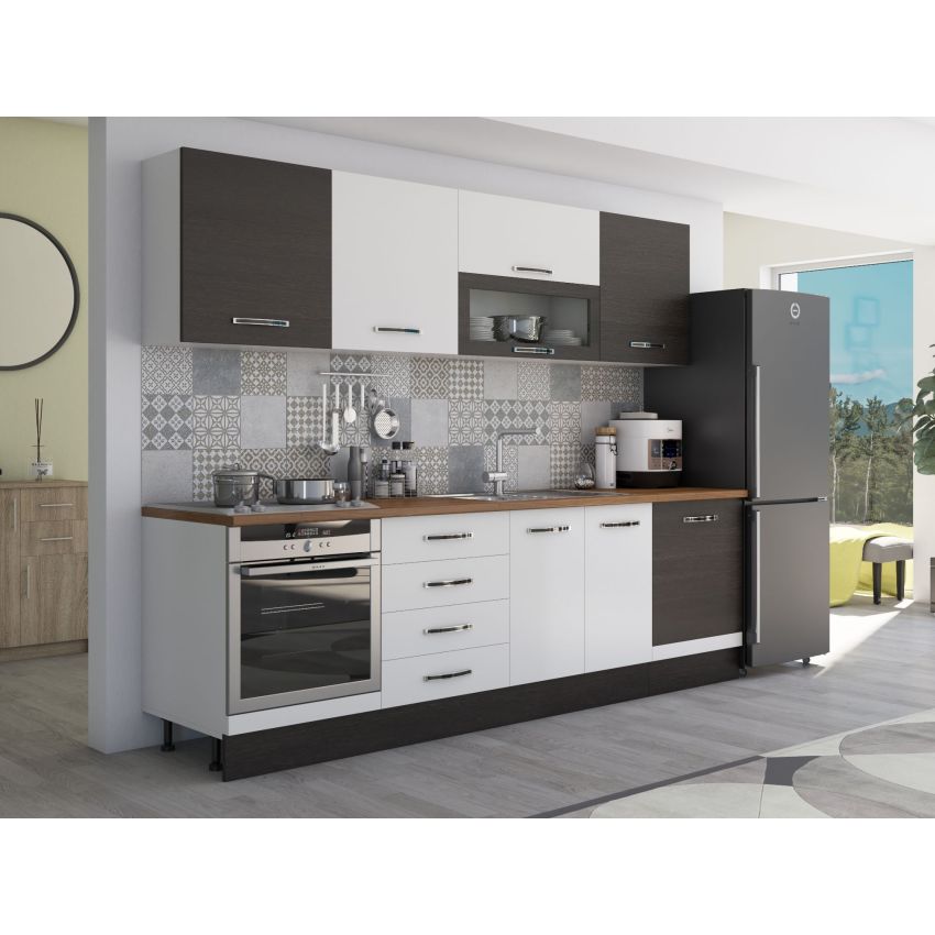 Bucatarie Alfa 260, Cu vitrina, Alb/Wenge, Blat termic nuc