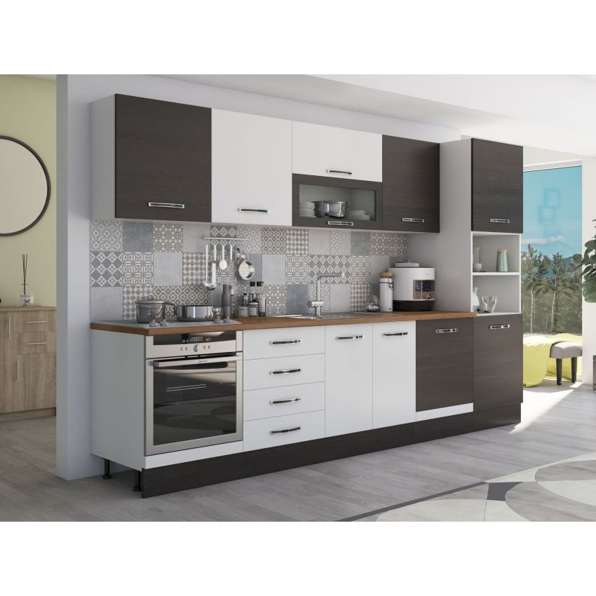 Bucatarie Alfa 320, alb/wenge, blat termic nuc, corp pentru cuptor incorporabil