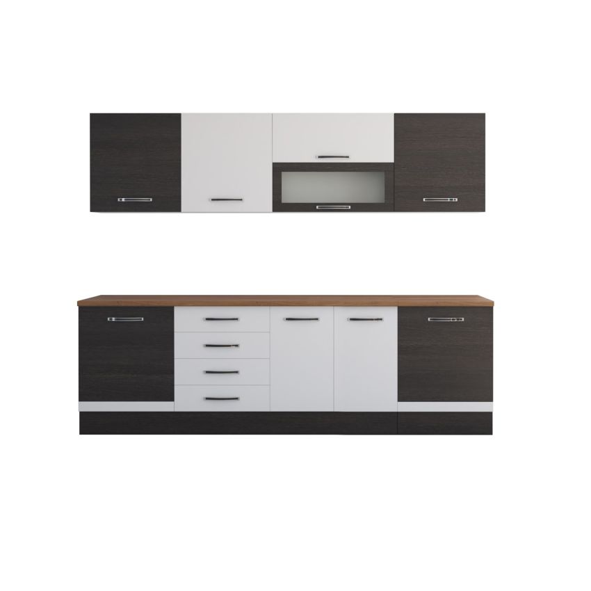 Bucatarie Alfa 260, Cu vitrina, Alb/Wenge, Blat termic nuc
