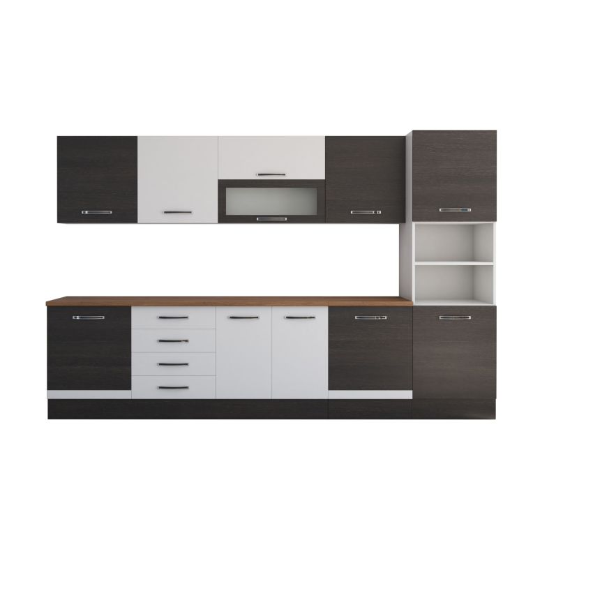 Bucatarie Alfa 320, alb/wenge, blat termic nuc, corp pentru cuptor incorporabil