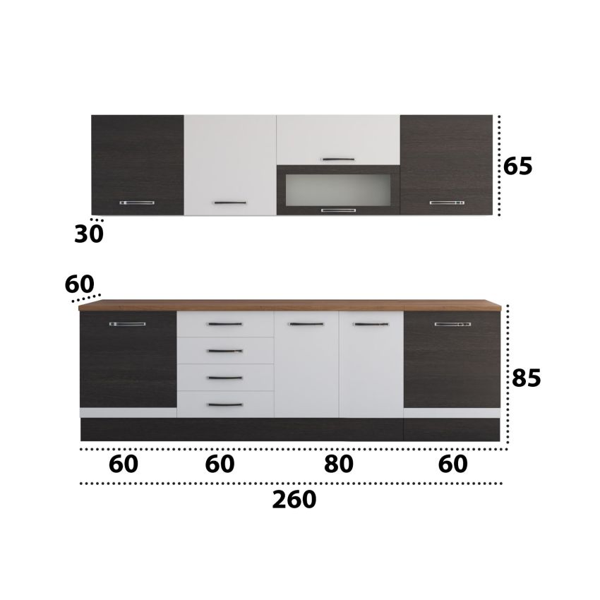 Bucatarie Alfa 260, Cu vitrina, Alb/Wenge, Blat termic nuc