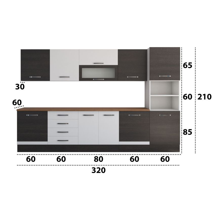 Bucatarie Alfa 320, alb/wenge, blat termic nuc, corp pentru cuptor incorporabil