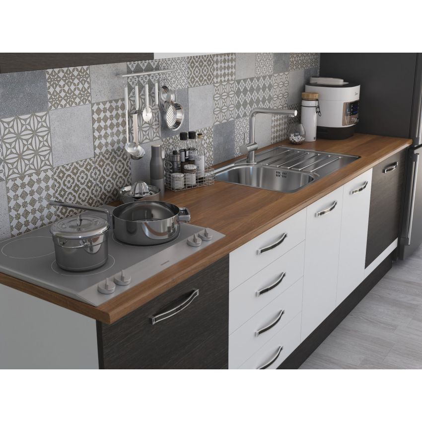 Bucatarie Alfa 260, Cu vitrina, Alb/Wenge, Blat termic nuc