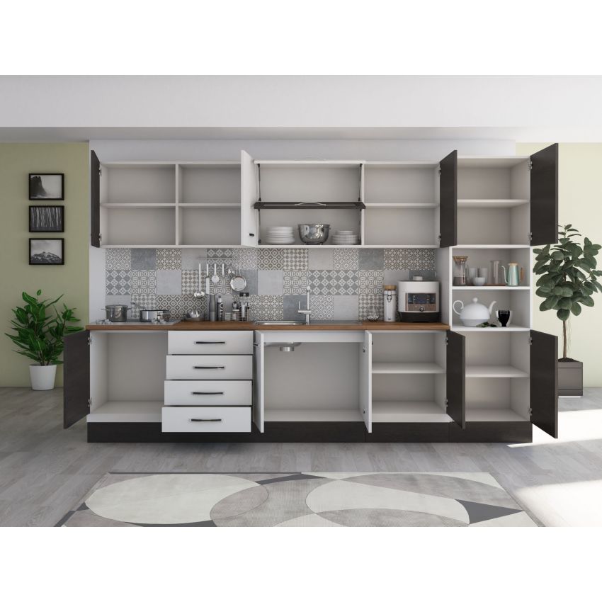 Bucatarie Alfa 320, alb/wenge, blat termic nuc, corp pentru cuptor incorporabil