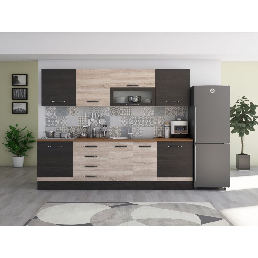 Bucatarie Alfa 260, Cu vitrina, Alb/Sonoma, Blat termic nuc