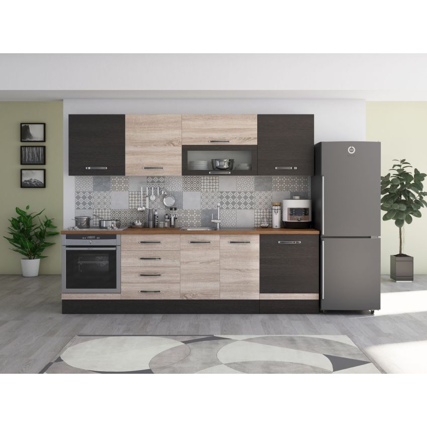 Bucatarie Alfa 260, Cu vitrina, Sonoma/Wenge, Blat termic nuc