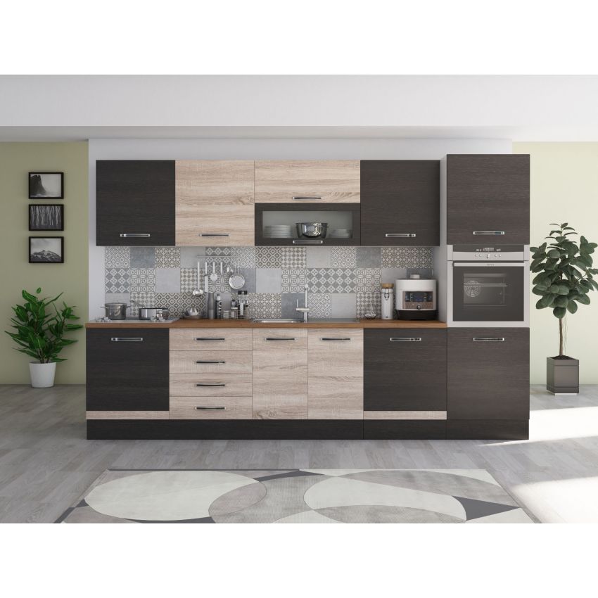 Bucatarie Alfa 320, sonoma/wenge, blat termic nuc, corp pentru cuptor incorporabil