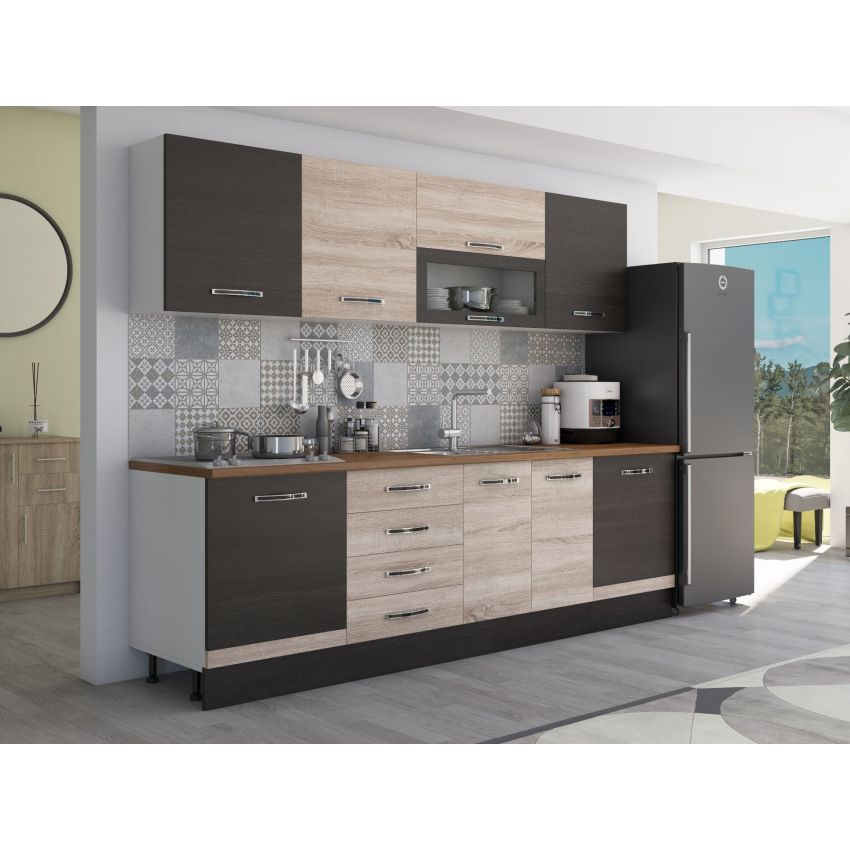 Bucatarie Alfa 260, Cu vitrina, Sonoma/Wenge, Blat termic nuc