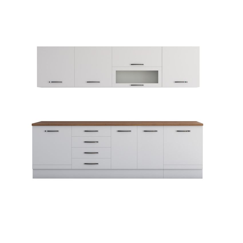 Bucatarie Alfa 260, Cu vitrina, Alb, Blat termic nuc