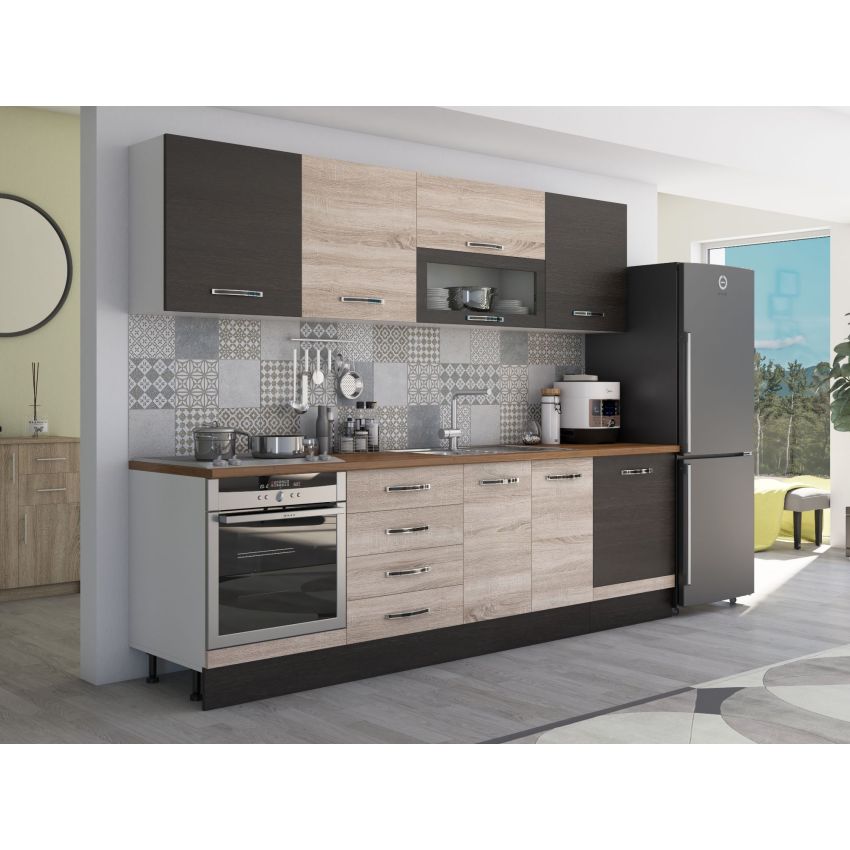Bucatarie Alfa 260, Cu vitrina, Sonoma/Wenge, Blat termic nuc