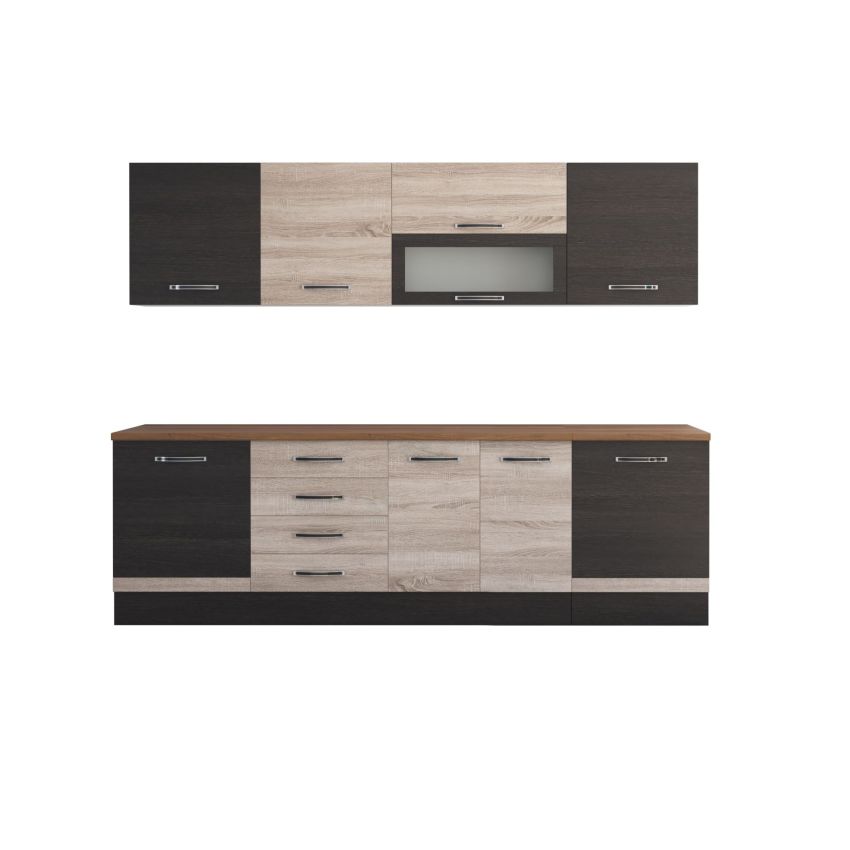 Bucatarie Alfa 260, Cu vitrina, Sonoma/Wenge, Blat termic nuc